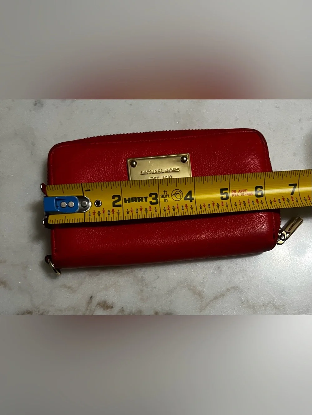 Michael Kors red Pebbled Leather Zip Around Wallet Gold Plate SEE PICS-